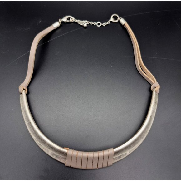Brushed Silver Tone & Gray Faux Leather Structured Collar Choker Necklace 18" - Picture 7 of 7